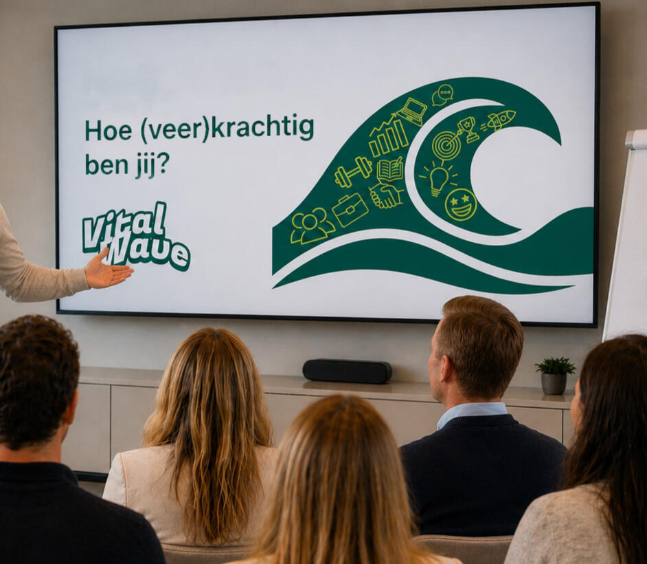 Marc van VitalWave geeft een interactieve presentatie over stress, energie en prestaties op de werkvloer